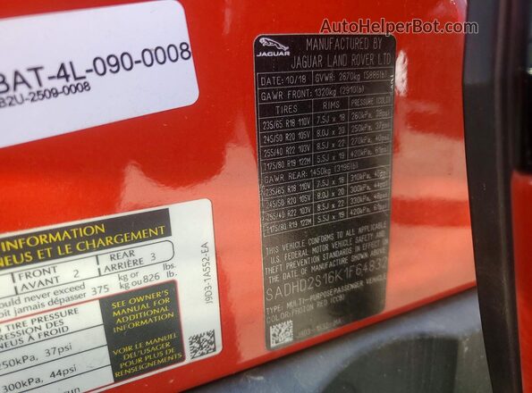 SADHD2S16K1F64832 2019 JAGUAR I-PACE Orange 