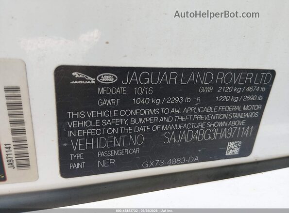 SAJAD4BG3HA971141 2017 JAGUAR XF White Вид підкапотного простору
