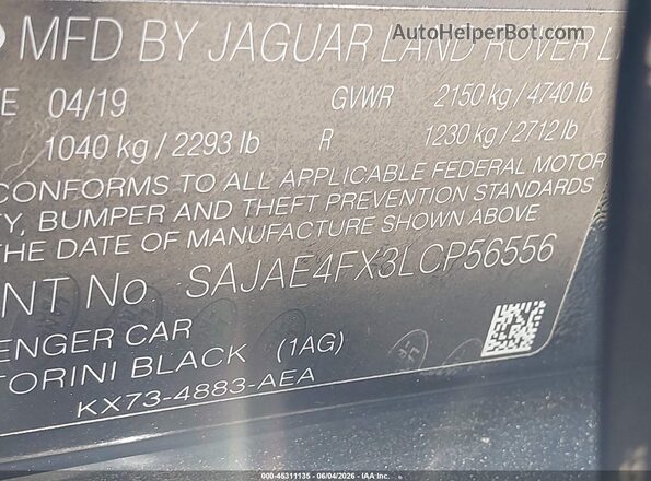 SAJAE4FX3LCP56556 2020 JAGUAR XF Черный Вид подкапотного пространства