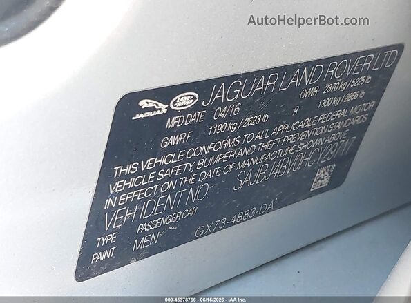 SAJBJ4BV0HCY29717 2017 JAGUAR XF Silver 