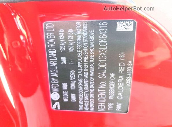 SAJDD1GX3LCK64316 2020 JAGUAR F-TYPE Red VIN sticker view