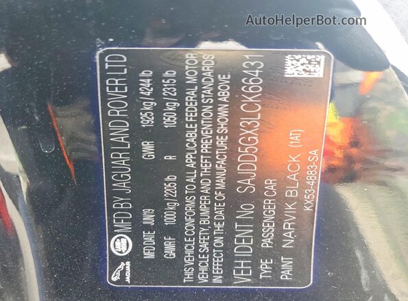 SAJDD5GX3LCK66431 2020 JAGUAR F-TYPE Black Widok naklejki z numerem VIN