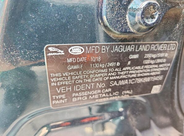 SAJWA1C78K8W19456 2019 JAGUAR XJ Green VIN կոդի պիտակի տեսք