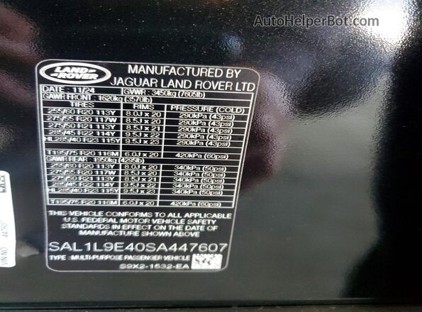 SAL1L9E40SA447607 2025 LAND ROVER RANGE Black Widok naklejki z numerem VIN