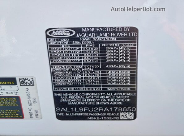SAL1L9FU2RA178650 2024 LAND ROVER RANGE Белый Вид наклейки с VIN-кодом