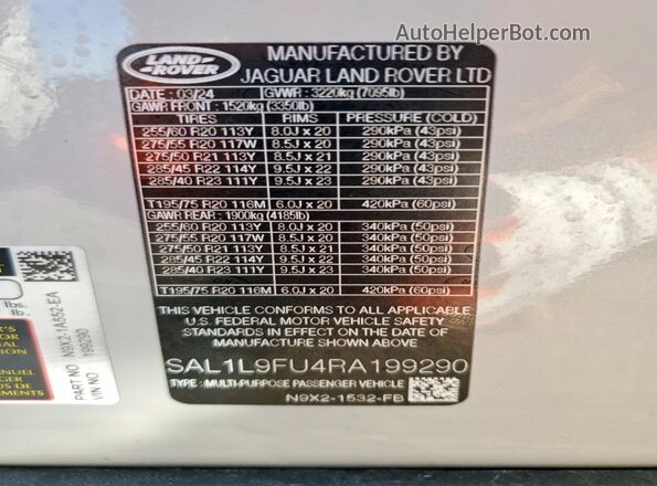 SAL1L9FU4RA199290 2024 LAND ROVER RANGE Gray VIN կոդի պիտակի տեսք