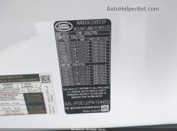 SAL1P9EU2PA154450 2023 LAND ROVER RANGE ROVER SPORT White Vista del compartimento del motor