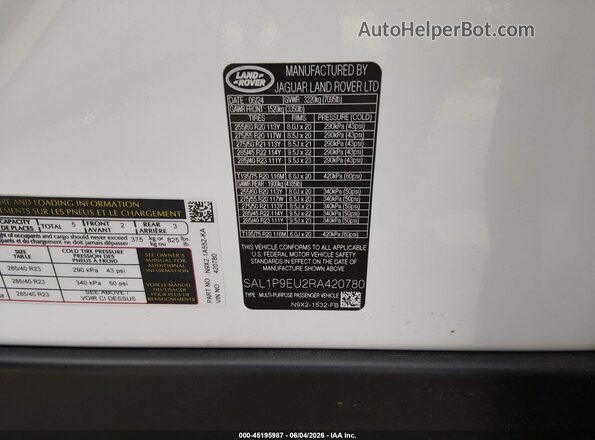 SAL1P9EU2RA420780 2024 LAND ROVER RANGE ROVER SPORT White Engine compartment view