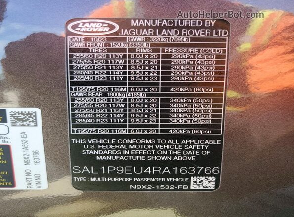SAL1P9EU4RA163766 2024 LAND ROVER RANGE Charcoal Вид наклейки з VIN-кодом
