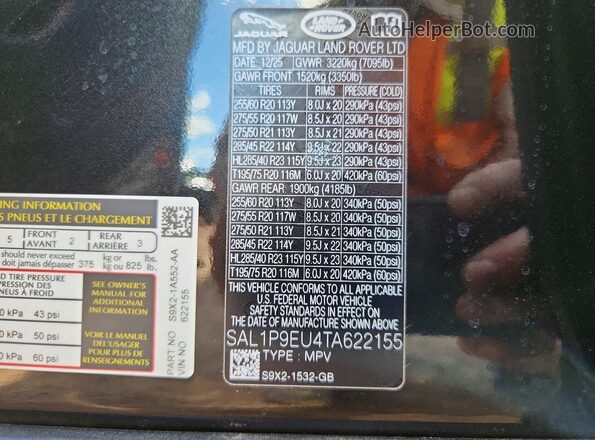 SAL1P9EU4TA622155 2026 LAND ROVER RANGE Black Вид наклейки з VIN-кодом