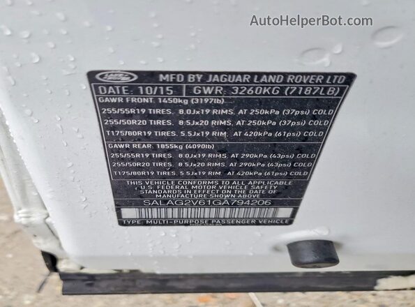 SALAG2V61GA794206 2016 LAND ROVER LR4 White VIN კოდის სტიკერის ხედი