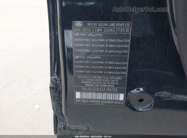 SALAG2V62GA789709 2016 LAND ROVER LR4 Black Vista del compartimento del motor