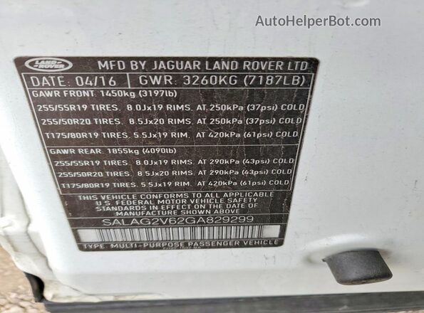 SALAG2V62GA829299 2016 LAND ROVER LR4 White VIN კოდის სტიკერის ხედი