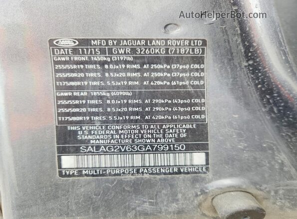 SALAG2V63GA799150 2016 LAND ROVER LR4 Gray Вид наклейки з VIN-кодом