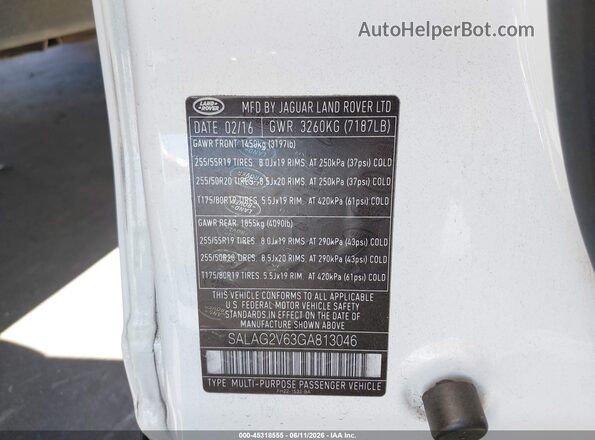 SALAG2V63GA813046 2016 LAND ROVER LR4 White ძრავის განყოფილების ხედი