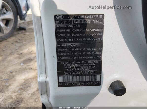 SALAG2V64GA792322 2016 LAND ROVER LR4 White Engine compartment view