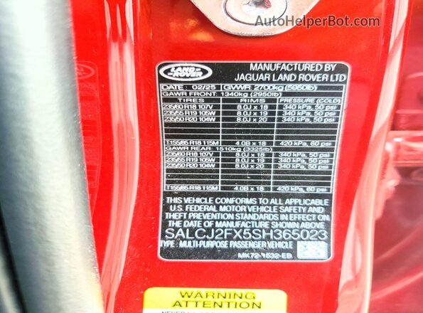 SALCJ2FX5SH365023 2025 LAND ROVER DISCOVERY Red VIN sticker view