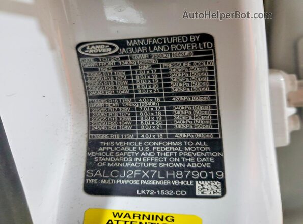 SALCJ2FX7LH879019 2020 LAND ROVER DISCOVERY White Widok naklejki z numerem VIN