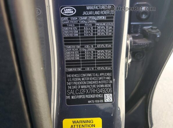 SALCJ2FX7RH349206 2024 LAND ROVER DISCOVERY Gray VIN sticker view