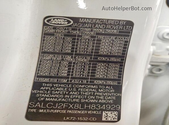 SALCJ2FX8LH834929 2020 LAND ROVER DISCOVERY White VIN sticker view