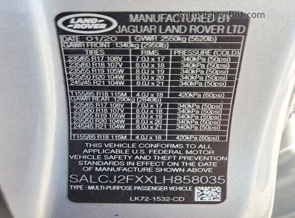 SALCJ2FXXLH858035 2020 LAND ROVER DISCOVERY Silver Widok naklejki z numerem VIN