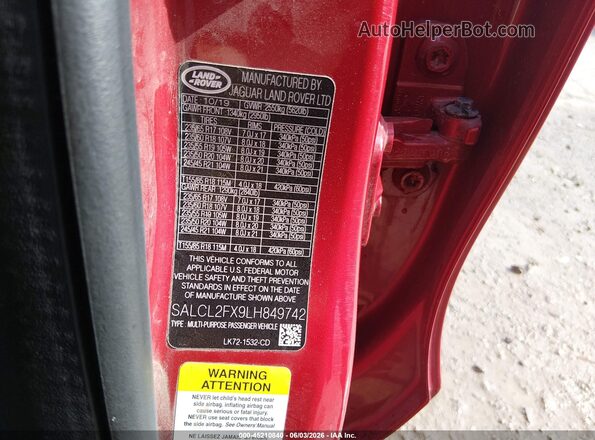 SALCL2FX9LH849742 2020 LAND ROVER DISCOVERY SPORT Red Շարժիչի բաժամունքի տեսք