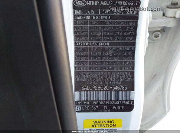 SALCP2BG2GH546785 2016 LAND ROVER DISCOVERY SPORT White Widok komory silnika