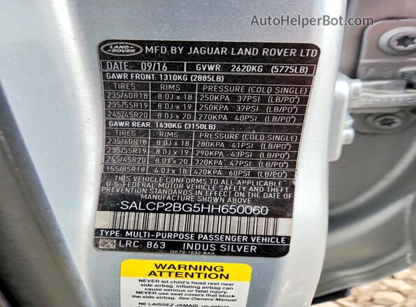 SALCP2BG5HH650060 2017 LAND ROVER DISCOVERY Silver VIN კოდის სტიკერის ხედი