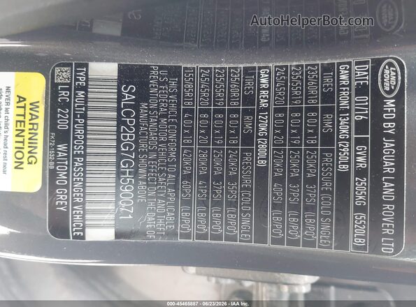 SALCP2BG7GH590071 2016 LAND ROVER DISCOVERY SPORT Gray Շարժիչի բաժամունքի տեսք