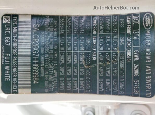 SALCP2BG7HH669984 2017 LAND ROVER DISCOVERY White VIN sticker view