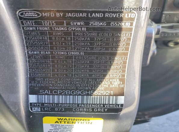 SALCP2BG9GH562921 2016 LAND ROVER DISCOVERY Gray Vista de la etiqueta del VIN