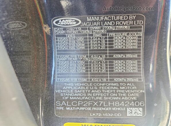 SALCP2FX7LH842406 2020 LAND ROVER DISCOVERY Black VIN კოდის სტიკერის ხედი