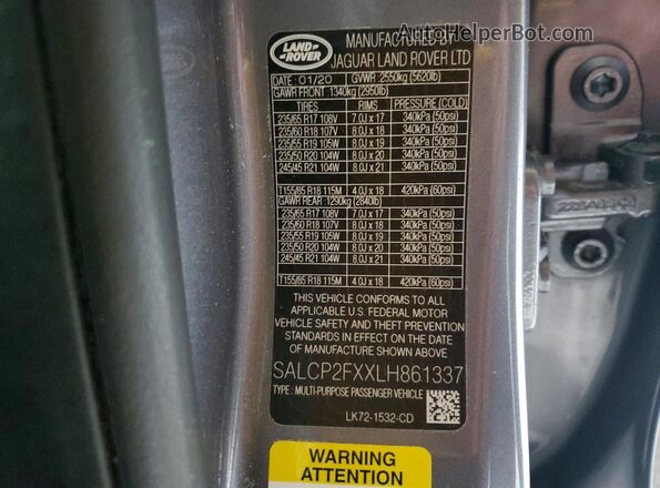 SALCP2FXXLH861337 2020 LAND ROVER DISCOVERY Gray VIN sticker view