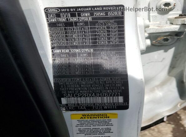 SALCP2RX4JH767771 2018 LAND ROVER DISCOVERY White VIN կոդի պիտակի տեսք