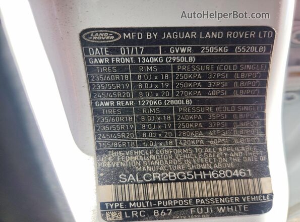 SALCR2BG5HH680461 2017 LAND ROVER DISCOVERY White VIN sticker view