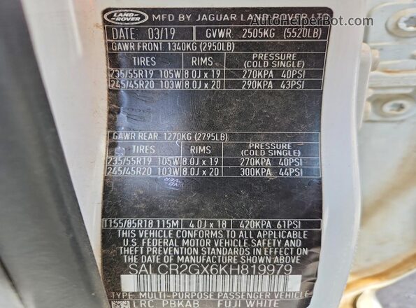 SALCR2GX6KH819979 2019 LAND ROVER DISCOVERY White Vista de la etiqueta del VIN