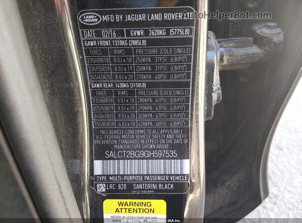 SALCT2BG9GH597535 2016 LAND ROVER DISCOVERY SPORT Black Widok komory silnika