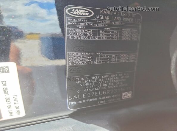 SALE27EU6R2311611 2024 LAND ROVER DEFENDER Black VIN կոդի պիտակի տեսք