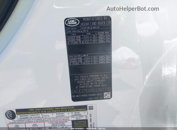 SALE27EU9S2367712 2025 LAND ROVER DEFENDER White Engine compartment view