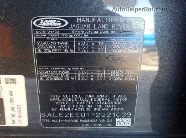 SALE2EEU1P2221039 2023 LAND ROVER DEFENDER Черный 