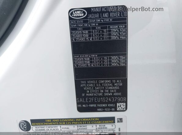 SALE2FEU1S2437908 2025 LAND ROVER DEFENDER White Widok komory silnika