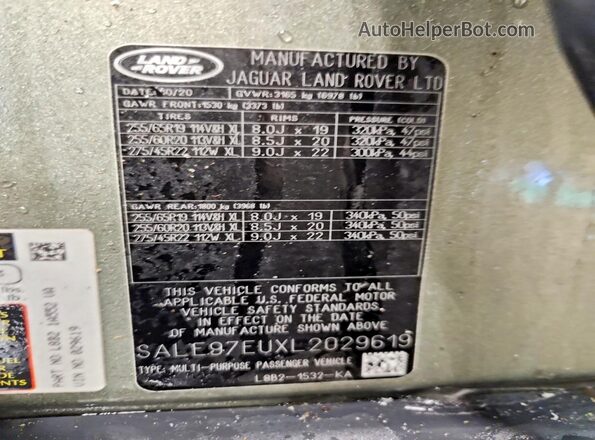 SALE97EUXL2029619 2020 LAND ROVER DEFENDER Green 