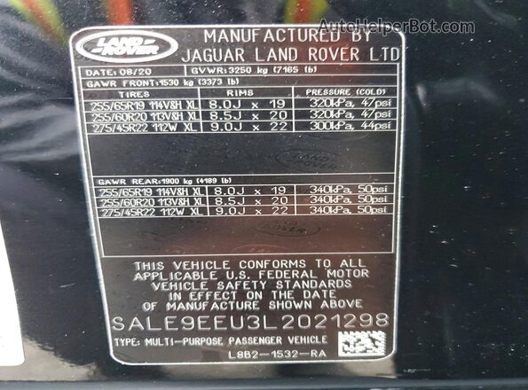 SALE9EEU3L2021298 2020 LAND ROVER DEFENDER Black VIN կոդի պիտակի տեսք