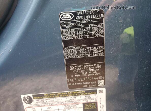 SALEJ7EX3S2444104 2025 LAND ROVER DEFENDER Blue VIN sticker view