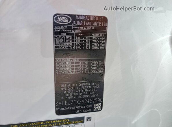 SALEJ7EX7S2462590 2025 LAND ROVER DEFENDER White VIN კოდის სტიკერის ხედი