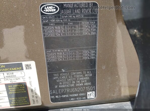 SALEP7RU6N2071501 2022 LAND ROVER DEFENDER Brown Շարժիչի բաժամունքի տեսք