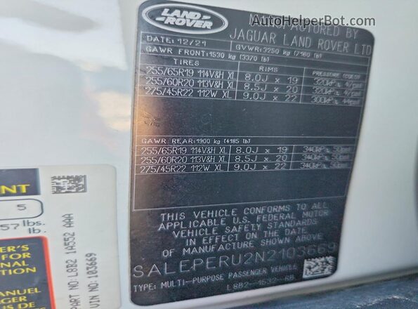 SALEPERU2N2103669 2022 LAND ROVER DEFENDER White VIN sticker view