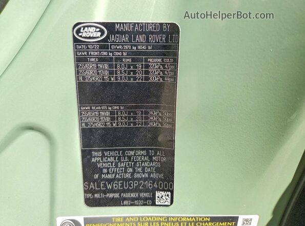 SALEW6EU3P2164000 2023 LAND ROVER DEFENDER Green Vista de la etiqueta del VIN