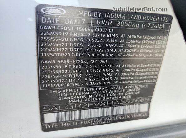 SALGR2FVXHA357669 2017 LAND ROVER RANGE White Widok komory silnika