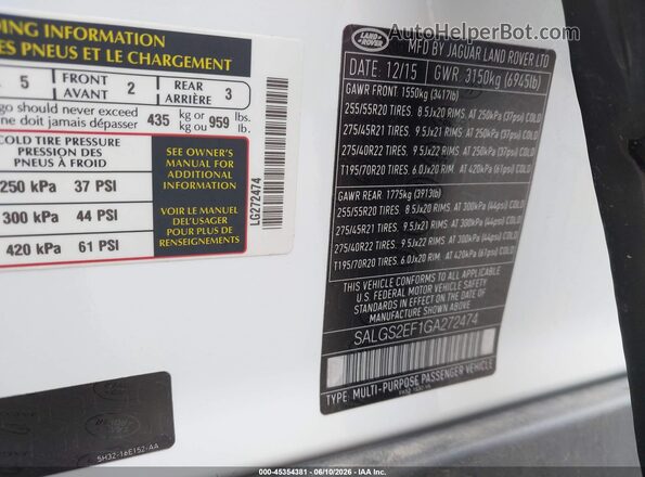 SALGS2EF1GA272474 2016 LAND ROVER RANGE ROVER White Engine compartment view